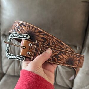 Shyanne Sunflower Embossed Tan Leather Belt